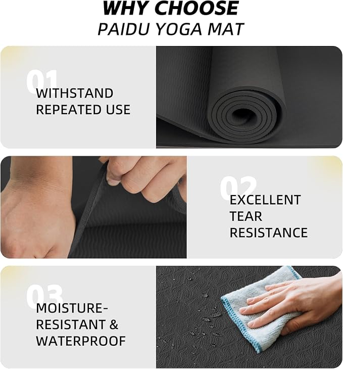 PAIDU Extra Long Wide Yoga Mat, （10mm） Thick Non-Slip Exercise Mat 76"x33" | large mat, ideal for yoga, Pilates & home gym, with non-slip grip & cushioning for all exercises.