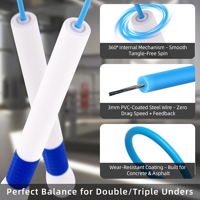 YUEDONG Ergonomic Jump Rope with Non-Slip Handle for Adults | Quick-adjust length, 7.7 in non-slip handle, PVC coated rope carry bag for HIIT speed double unders and endurance training