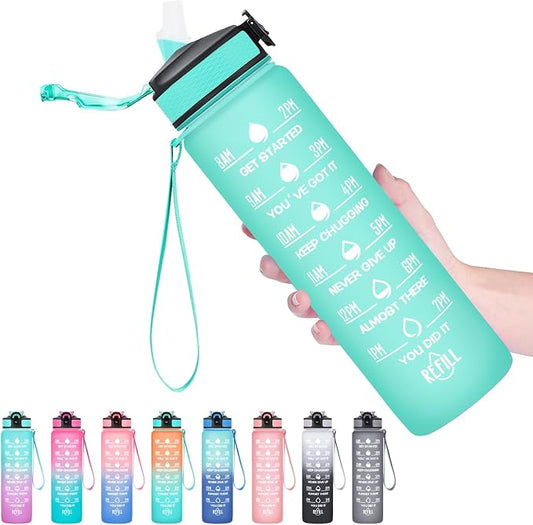 Hyeta Water Bottle with Straw & Time Marker, Plastic 32oz Leakproof | Motivational Tritan BPA Free Gym Office Outdoor Intake Tracker Hourly Reminder Straw Lid Carry Strap