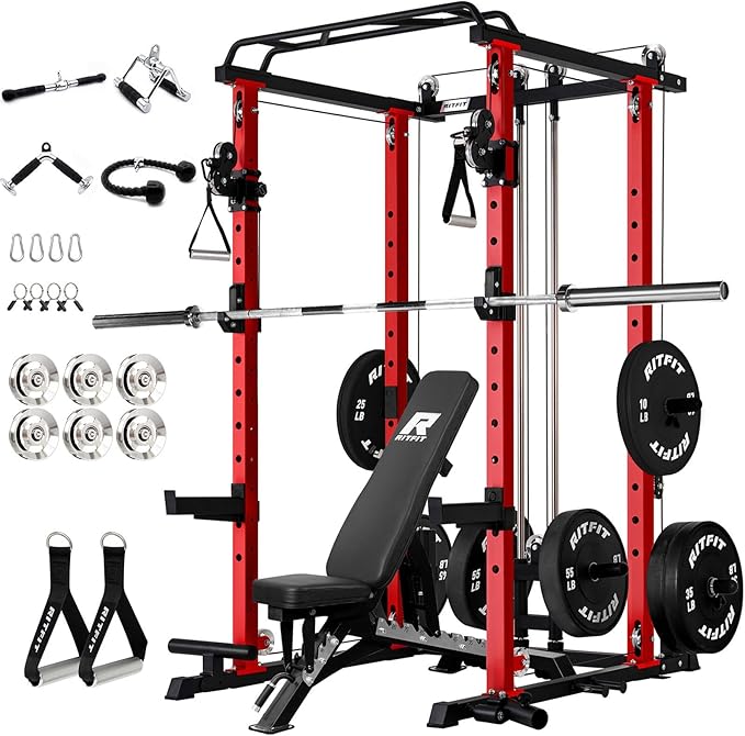 RitFit PPC-P3 Power Cage with Cable Crossover System, 1200LB Capacity | LAT Pulldown & Cable Crossover System with Bumper Plate Set, Olympic Barbell, Bench