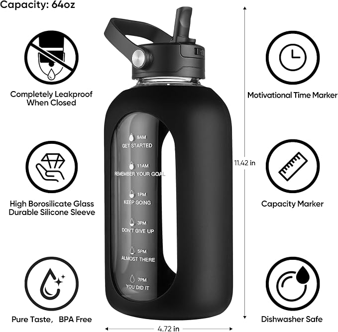 CIVAGO 64 oz Glass Water Bottle Jug with Detachable Straw and Time Maker | Half Gallon Motivational Large Flask Cup with Handle, Leakproof Lids, Wide Mouth, Silicone Sleeve, Tumbler for Juice, Navy