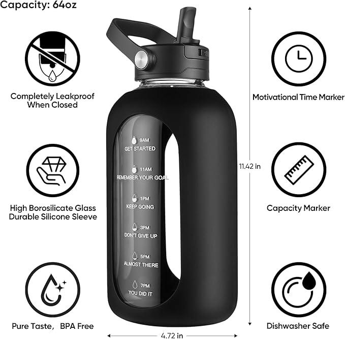 CIVAGO 64 oz Glass Water Bottle Jug with Detachable Straw and Time Maker | Half Gallon Motivational Large Flask Cup with Handle, Leakproof Lids, Wide Mouth, Silicone Sleeve, Tumbler for Juice, Lilac