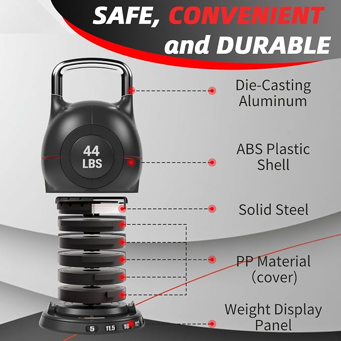 LIFERUN Adjustable Kettlebell Set with 7 Weight Levels, 22.5 lb or 44 lb | Quick-Change Weight Dial & Safety Lock, Space-Saving Design, Full-Body Workout & Cross-Training
