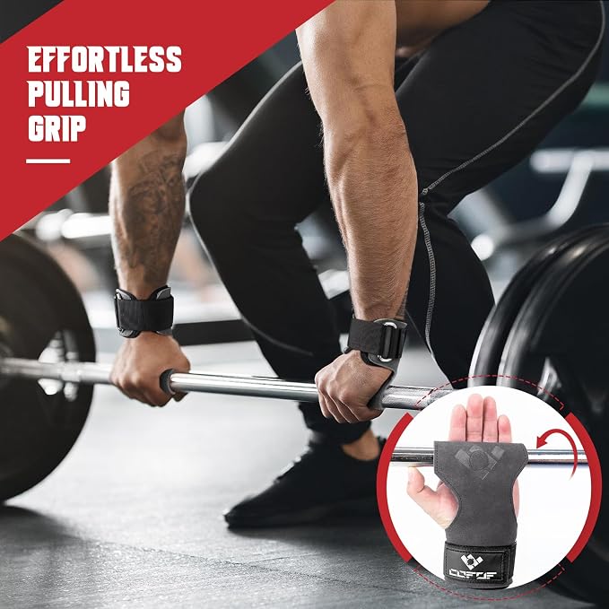 Weight Lifting Wrist Strap, Double-Layer Leather for Deadlift Powerlifting | Gym Strap with Adjustable Neoprene Padded Fit for 6.3–8 Inch Wrist, 8.07-Inch Leather Strap, Gym Workout Lifting Hook (Pair)