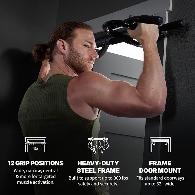 SPRI Pull Up Bar - 8-Grip and 12-Grip Door Frame Mounting Pull-Up Bar for Versatile Workouts - Rugged Steel Frame with Foam Handles - Supports 300 Pounds - Fits Door Frames Up to 32 in. Wide – Black