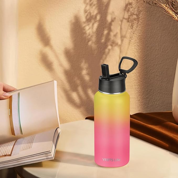 Insulated Water Bottle With Straw, 32 oz Vacuum Insulated Stainless Steel Sports Water Flask, Keeps Cold and Hot, Metal Water Bottle Wide Mouth for Gym Travel Camping (Yellow&Pink)