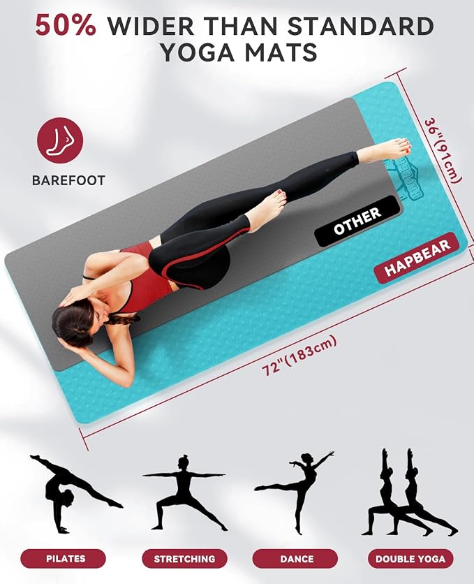 HAPBEAR Large Yoga Mat - 72"x36"x6mm (1/4 inch), Extra Wide Non-Slip Exercise Mat for Home Workout, Yoga, Pilates & Stretching, Durable, Includes Carry Bag
