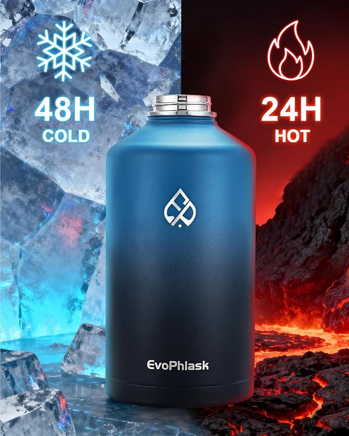 1 Gallon Water Bottle Insulated(Cold for 48Hrs), Indigo Black | Stainless Steel, BPA Free, Leak Proof, 128 oz Gallon Water Jug for Sport, Hiking, Camping