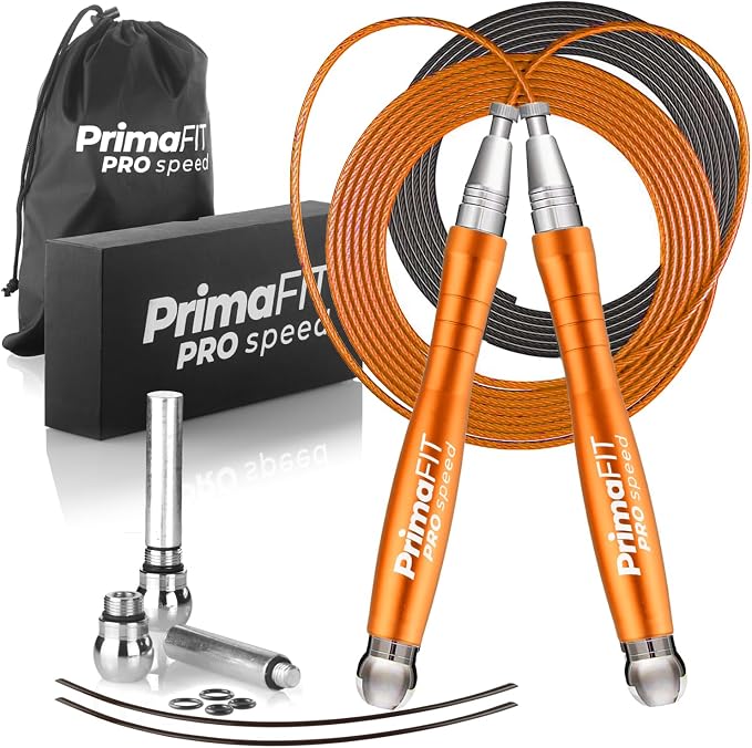 PrimaFIT Pro Speed Jump Rope for Adults, Weighted Skipping Rope for Boxing | Adjustable Jumping Rope for Fitness Workout & CrossFit Exercise, Double Unders, Handle Weights, 3m Cables 2 Protectors, Bag