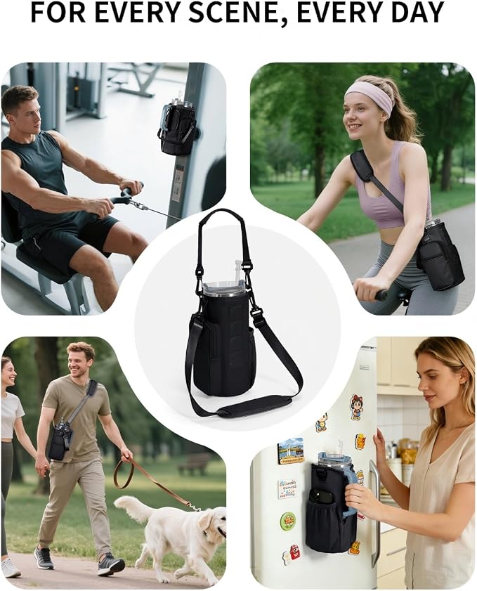 sportsnew 30/40oz Crossbody Water Bottle Holder Anti-Tip Tumbler Carrier | Lightweight Bottle Sling Fits Handled Tumbler w/ Phone Pocket, Adjustable Strap, Insulated Lining, Hands-free for Hiking Gym