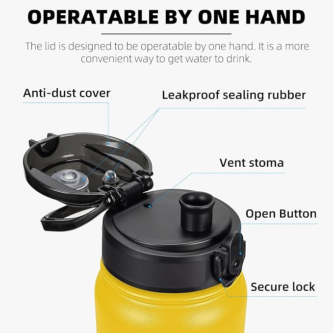 Fanhaw 32 oz Insulated Stainless Steel Water Bottle with Anti-Dust Chug Lid, Leakproof Vacuum Sports Bottle for Kids, Teens & Adults, Back to School Essentials (Yellow)