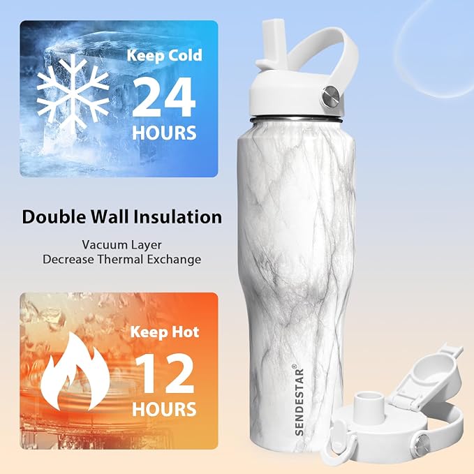 SENDESTAR 40oz Stainless Steel Water Bottle(Cold for 48 Hrs, Hot for 24 Hrs),Double Wall Vacuum Insulated Bottle with Straw Lid, Spout Lid and Flex Cap, Fit in Any Car Cup Holder