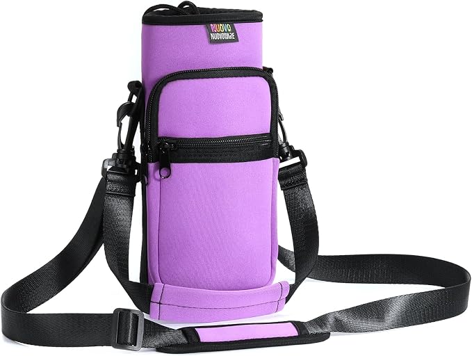 Nuovoware Water Bottle Carrier Bag, 25oz/32oz Bottle Pouch Holder, Adjustable Shoulder Hand Strap 2 Pocket Sling Neoprene Sleeve Sports Water Bottle Bag for Men Women Hiking Travel, Taro Purple | Adjustable Shoulder Hand Strap, 2 Pocket, Neoprene Sleev...