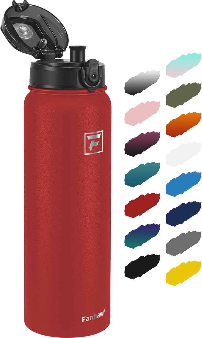 Fanhaw 32 oz Insulated Stainless Steel Water Bottle with Anti-Dust Chug Lid, Leakproof Vacuum Sports Bottle for Kids, Teens & Adults, Back to School Essentials (Red)