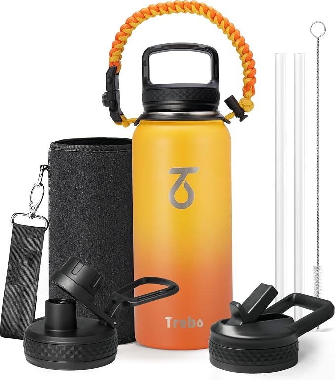 Trebo Insulated Water Bottle 32 oz with 3 Lids, Paracord Handle & Sleeve | Stainless Steel Metal Flask Vacuum, Triple Wall Copper Plated, Dishwasher Safe, Cold 48Hrs for Trail, Hiking, Wide Mouth