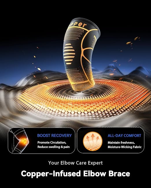 Copper Elbow Compression Sleeve for Tennis Elbow, Tendonitis, Golfers | Medical Elbow Brace with Adjustable Strap, Targeted Support for Weightlifting, Arthritis, Bursitis - Fit for Men & Women