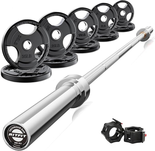 RitFit Barbell Weight Set - 4/6FT Olympic Barbell with Weight Plates (55-115LB Total) - Weightlifting Equipment for Squats, Curls, Deadlifts, Presses, Hip Thrusts