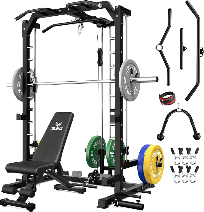 SR01 Smith Machine, 2000LBS Multi-Function Power Cage with LAT Pulldown System, All-in-One Home Gym Squat Rack with Smith Bar and Training Attachments for Full Body Workouts