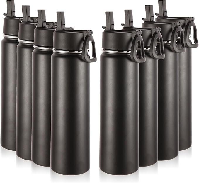 Volhoply 24oz Insulated Water Bottle with Straw Bulk 8 Pack,Metal Wide Mouth Water Bottles with Handle Lid Keep Cold,Reusable Double Wall Cups,Powder Coated Sport Bottle For Holder(Black,8 Count)