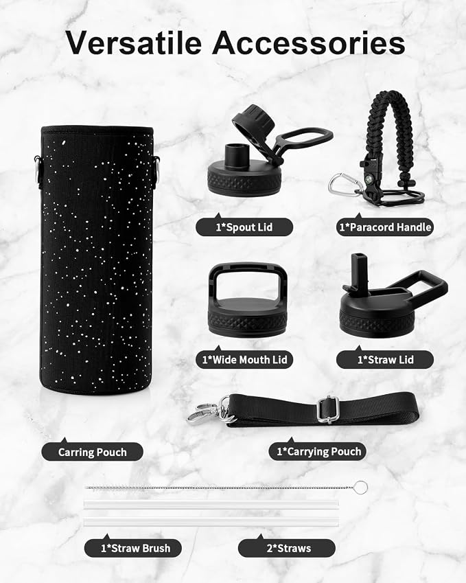 Trebo Water Bottle Insulated 40 oz with 3 Lids, Paracord Handle & Sleeve | Stainless Steel Flask Vacuum, Triple Wall Copper Plated, Dishwasher Safe, Keeps Cold 48Hrs for Hiking, Gym, Wide Mouth