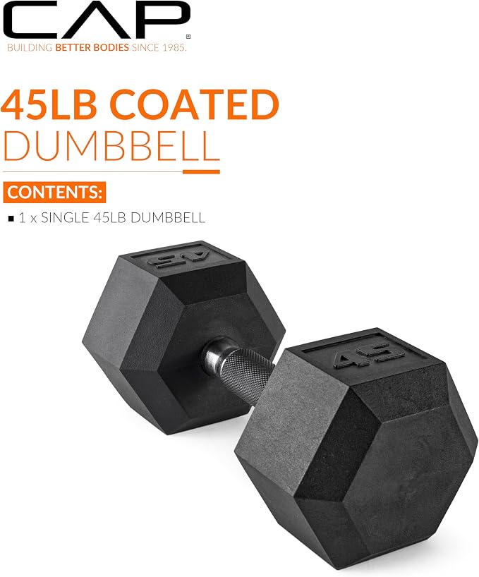 CAP Rubber Coated Dumbbell Weights, Free Weights for Home Gym Strength Training, Anti-Roll Hex Dumbbells with Black, Chrome & Comfort Grip Handles, Singles