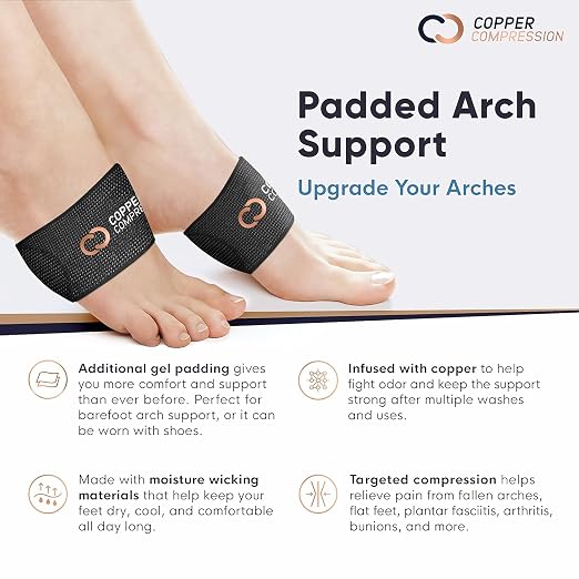 Copper Compression Padded Arch Support Sleeves. Targeted Compression for Plantar Fasciitis Symptoms, Pain, Flat Feet & High Arches. Breathable Support for Men & Women - Black