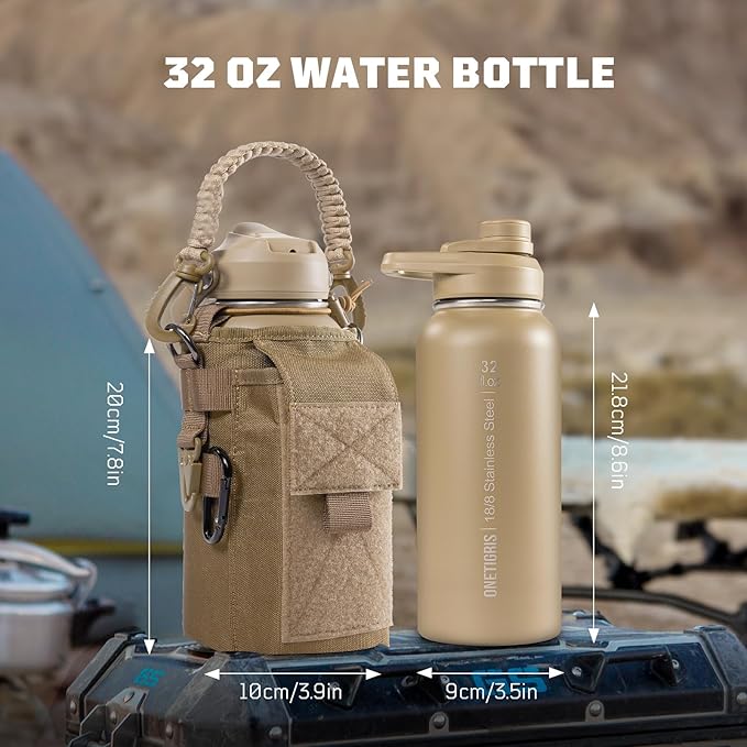 ONETIGRIS 32oz Insulated Tactical Water Bottle with Straw & MOLLE Sleeve | 3 Lids,Keeps Ice Cold 48H Hot 24H,304 Food-Grade Stainless Steel,360° Leakproof Silicone Seal,2 Straws Kit,Paracord Handle