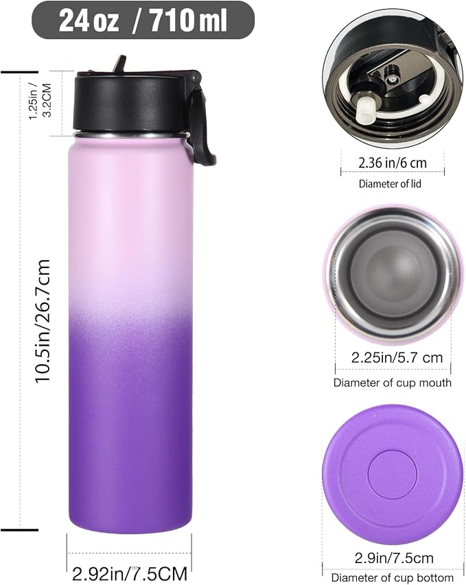 Volhoply 24oz Insulated Water Bottle With Straw Bulk 6 Pack,Metal Wide Mouth Water Bottles With Handle Keep Cold,Reusable Double Wall Cups,Powder Coated Sport Bottle For Holder(Lavender,6 Count)
