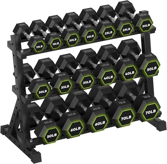 HANDBODE Dumbbell Set with Rack, Rubber Coated Fixed Dumbbells 390-790 lbs | Heavy Duty Hexagonal Weights, Non-Roll Hexagon Shape for Stability, Home Gym Strength Training Equipment