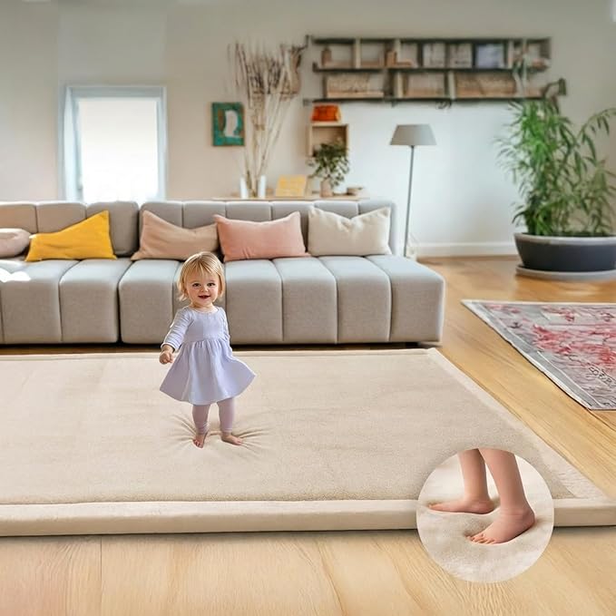 Mallify Ultra Soft 1.3" Thick Baby Play Mat for Floor, Large Velvet 59"x79" Playpen Mat, Baby-Safe & Non-Slip Tummy Time Mat, Crawling Mat for Babies, Toddlers, Infants, Kids, Easy Care, Beige