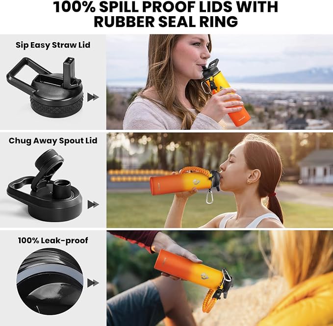 RAYMYLO Insulated Water Bottle 24 oz, Triple Wall Vacuum Stainless Steel | (Cold for 24Hrs, Hot for 12Hrs), Leak Proof & Non-BPA, Modern Water Flask Jug with Paracord Handle & Straw Spout Lids