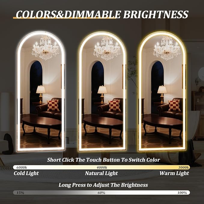 LED Arched Full Length Mirror with Lights 65" x26 Aluminum Frame | Floor Mirror with Dimming & 3 Color Lighting, Standing Leaning or Hanging for Bedroom Cloakroom White