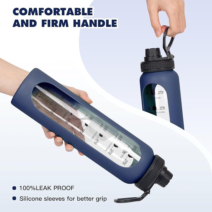 32oz Glass Water Bottle with Time Marker, 2 Lids-Handle Spout Lid & Bamboo Straw Lid, 1 Liter Motivational Borosilicate Water Bottle for Gym, Office, Travel (Blue)