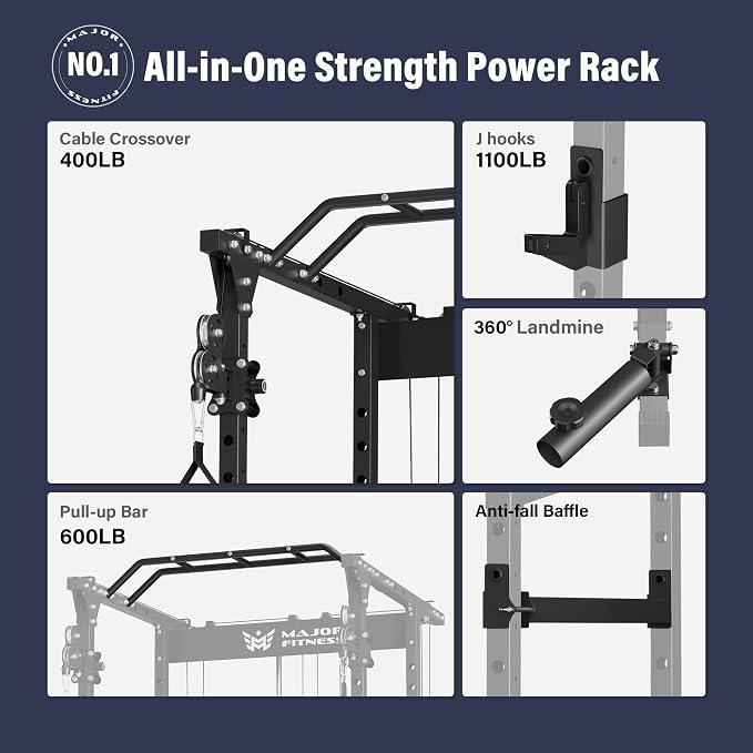 MAJOR FITNESS Power Cage Drone1 Premium- Multi-Function Power Rack for Home Gym, Squat Rack with Pull-up Bar, Cable Crossover System, J-Hooks, for Strength Training, Heavy-Duty Steel Construction