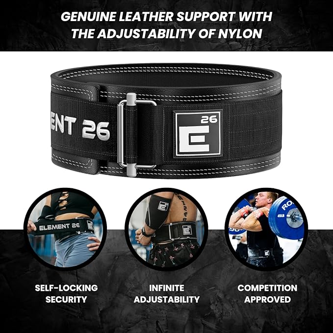 Element 26 Hybrid Leather Weight Lifting Belt | 4” Real Leather Back Support for Gym, Powerlifting, Body Building, Men, Women, Deadlift, Squat, Self Locking, Competition