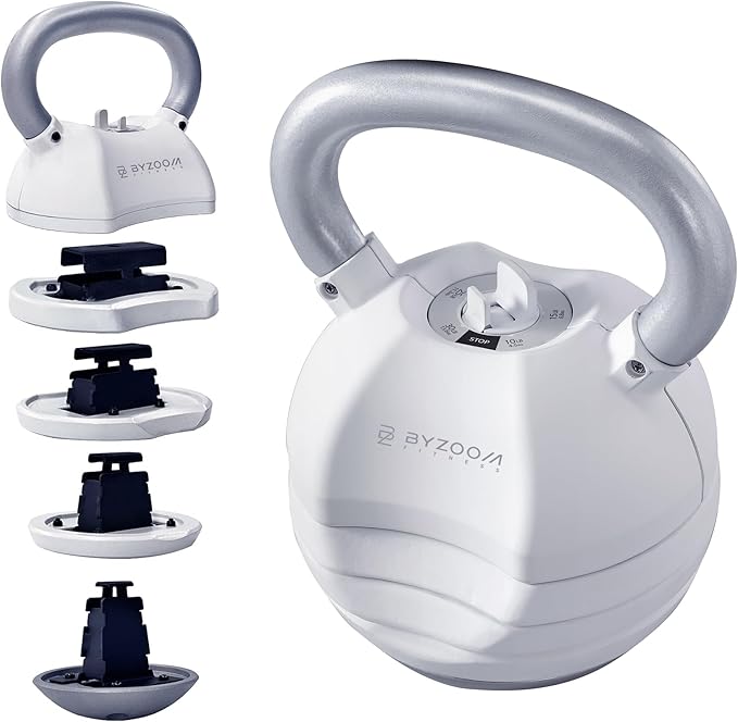 BYZOOM FITNESS Pure Series Adjustable Kettlebell 30/40/50LB - 5-IN-1 Weight Change, Patented Quick-Change Machenism, Ergonomic Curved Handle for Home Gym, Strength Training, HIIT, White OR Black