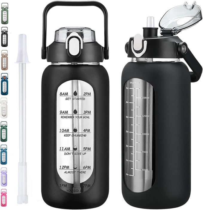 64oz Glass Water Bottles with Straw, Half Gallon Motivational Glass Bottle with Silicone Sleeve and Time Marker, 2L Leakproof Large Glass Water Jug for Gym Home Office,Black