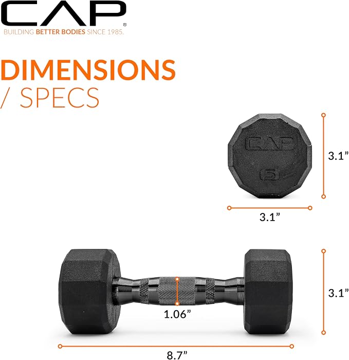 CAP Rubber Coated Dumbbell Weights, Free Weights for Home Gym Strength Training, Anti-Roll Hex Dumbbells with Black, Chrome & Comfort Grip Handles, Pairs & Sets