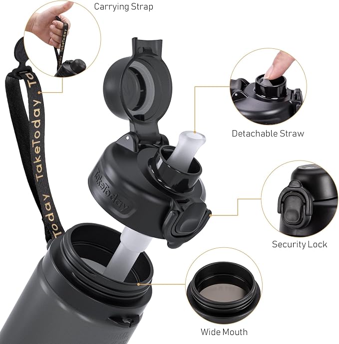 TakeToday Collapsible Water Bottles 21oz (600mL), Foldable Platinum Silicone Travel Water Bottle with Straw & Carry Strap, Leak-Resistant Screw Lid, Wide Mouth, BPA-Free for Hiking, Camping, Travel