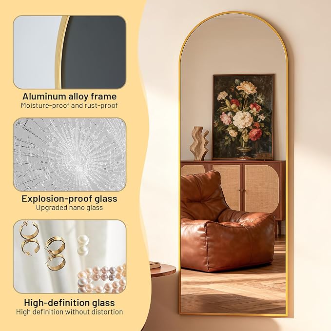 Simple Deluxe Arched Full Length Mirror, 71"x26"Large Floor Mirrors, for Wall Door Bedroom Bathroom Living Room (Gold)