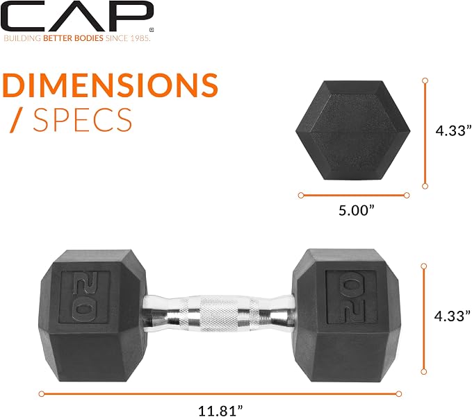 CAP Rubber Coated Dumbbell Weights, Free Weights for Home Gym Strength Training, Anti-Roll Hex Dumbbells with Black, Chrome & Comfort Grip Handles, Pairs & Sets