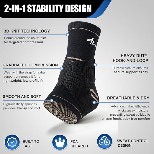 ABIRAM Copper-Infused Ankle Brace Compression Sleeve with Adjustable Strap | Breathable Lightweight Support with Long-Lasting Odor Defense, Ideal for Running, Gym, Basketball, Training & Daily Wear