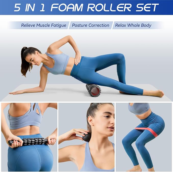 Krightlink 5-in-1 18" Foam Roller Set for Deep Muscle Massage Release | Foam Roller Back Roller for Fitness Relieves Muscle Pain Myofascial Trigger Point Release Pilates, Yoga (18" Black)