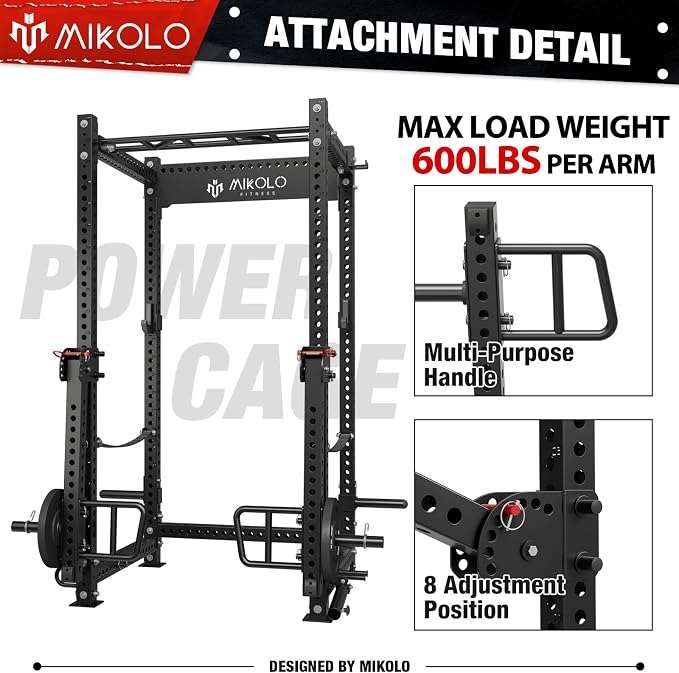 Mikolo 3"x3" Power Cage, 2000lbs Power Cage, Multi-Function Power Rack, Commercial Squat Rack for Home Gym with 3x3 Attachment Set, Jammer Arm, Lever Arm, Lat Pulldown, Leg Extension and Curl