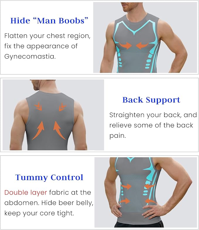 Compression Shirt Men Slimming Body Shaper Vest Crewneck Workout Tank Top | Tummy Control Undershirts, Gynecomastia Compression Shirts, Back Support, Sleeveless Muscle Shirts, Shaping Tank Top