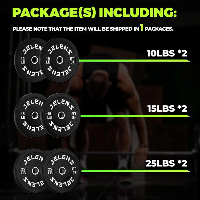 JELENS Olympic Barbell Weight Plates Set, 2-Inch Black/Colored Rubber Bumper Plate Weight Set for Strength Training and Weightlifting, Multiple Options