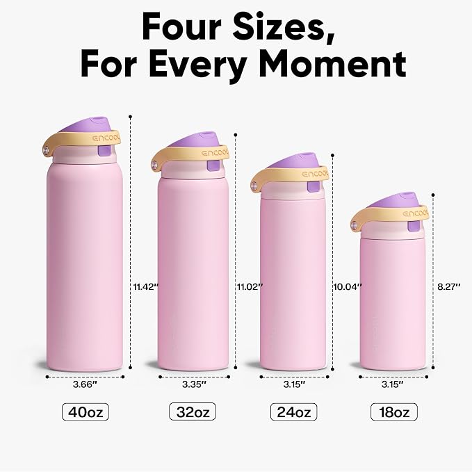 ENCOOL Leakproof Insulated Water Bottle with Straw Dual-Sip Water Bottle Bag-Safe Design for Work, Commute & Gym – Keeps Drinks Cold All Day, 18 oz, Peach Purple