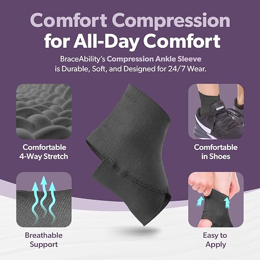 BraceAbility Ankle Compression Sleeve, Ankle Support Brace for Sprained Ankle, Swelling, Tendonitis, Foot Compression Wrap for Running, Ankle Support for Women and Men (Large - Black)