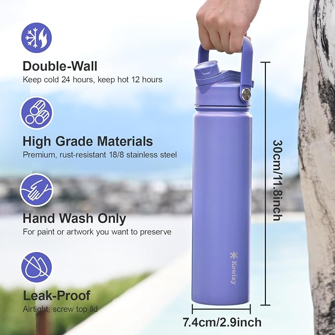 KEWIXY 24 oz Insulated Water Bottle, 2-in-1 Lid, Straw & Spout with Protected, Leak Proof, Keep Cold, Stainless Steel, Metal, Reusable, Handle, for Travel, Gym and School, 2 Lids, Aurora Blue