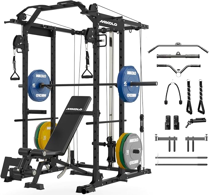 Mikolo Power Cage, Power Rack with Cable Crossover System, 1500LBS Squat Rack with LAT Pull Down System, Workout Cage with Pulley System for Fitness Home Gym